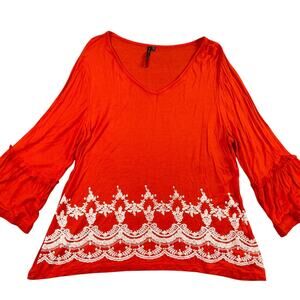 Nine Four One Top Women PXL Bright Orange Boho Embroidery Rayon Knit Bell Sleeve